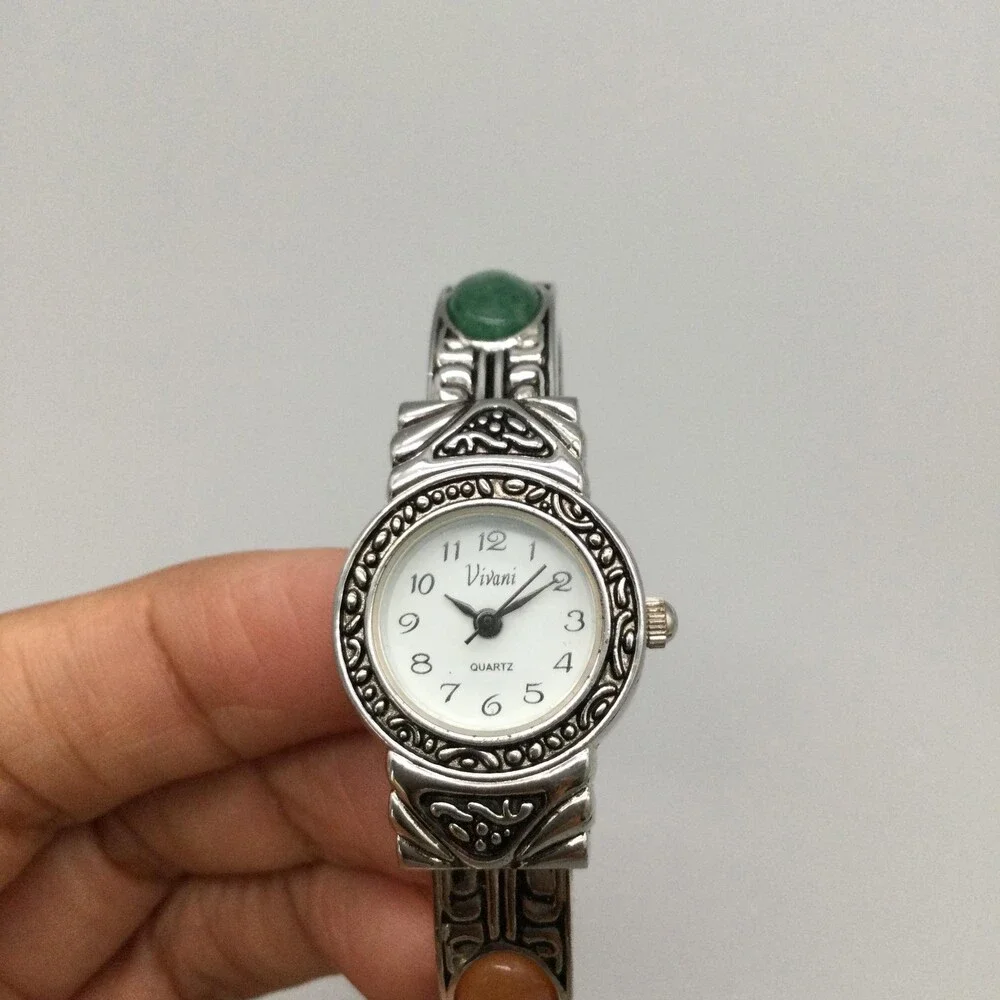 Vivani Womens Watch 21mm White Dial Silver Tone Bangle Cabochon Band New Battery